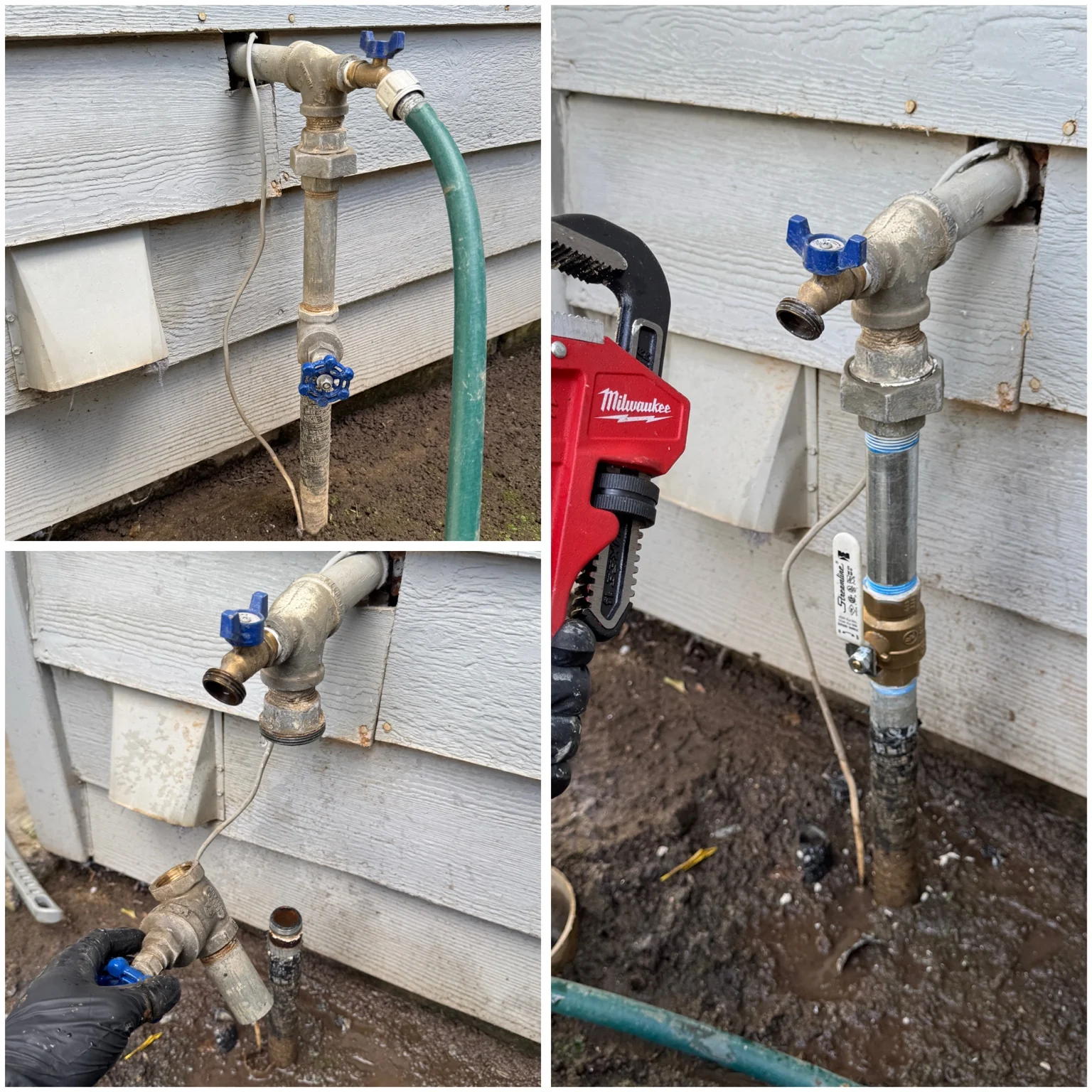 Outdoor main shutoff and hose bib repair with clean brass fittings